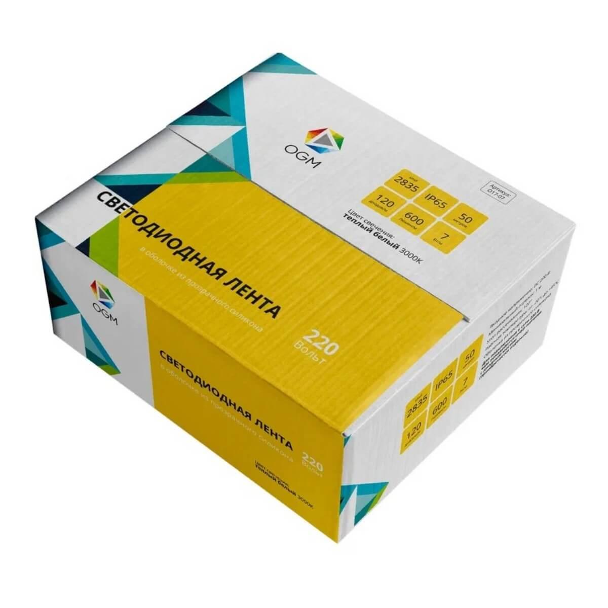 фото влагозащищенная лента ogm 7w/m 120led/m 2835smd теплый белый 50m o17-07 | 220svet.ru