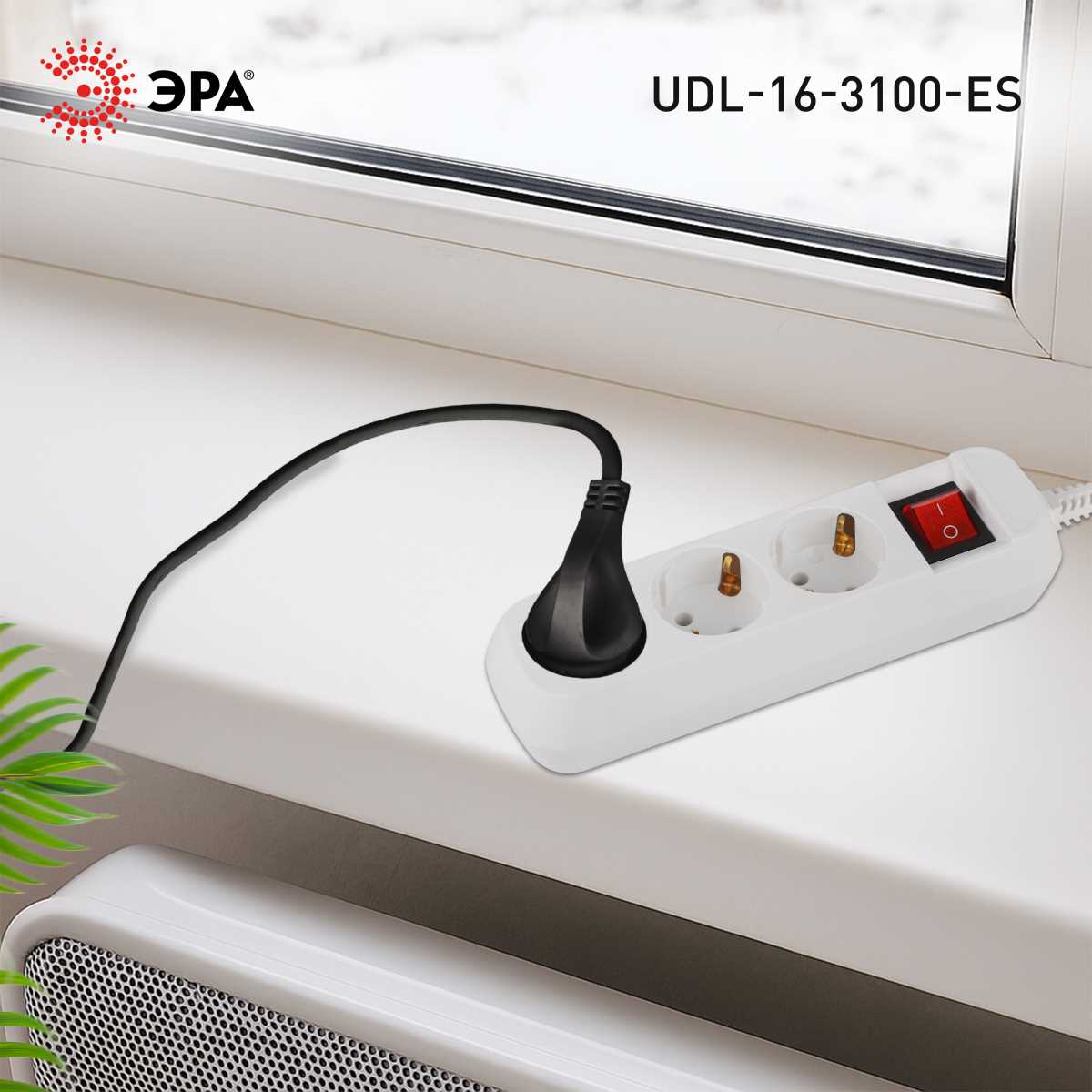 фото удлинитель электрический эра udl-16-3100-es greenline 3 розетки с заземлением с выключателем 10м пвс 3x1мм2 б0065040 | 220svet.ru