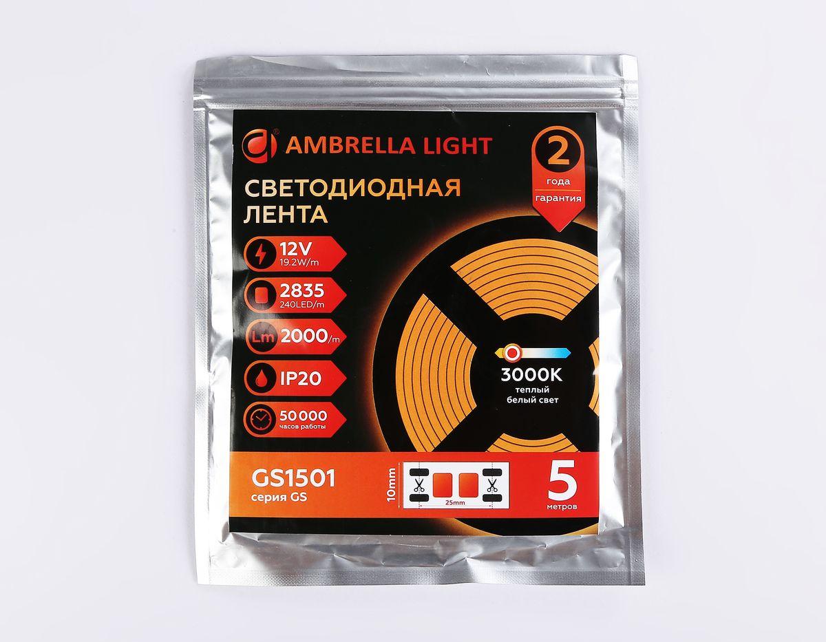 фото светодиодная лента теплый белый ambrella light 19,2w/m 240led/m 2835smd 3000к 5m gs1501 | 220svet.ru