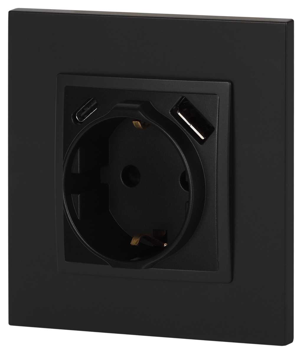 фото розетка эра elegance 14-4108-05 2p+e 16a-250в со шторками с usb type-a+c 5в-3а антрацит б0067724 | 220svet.ru