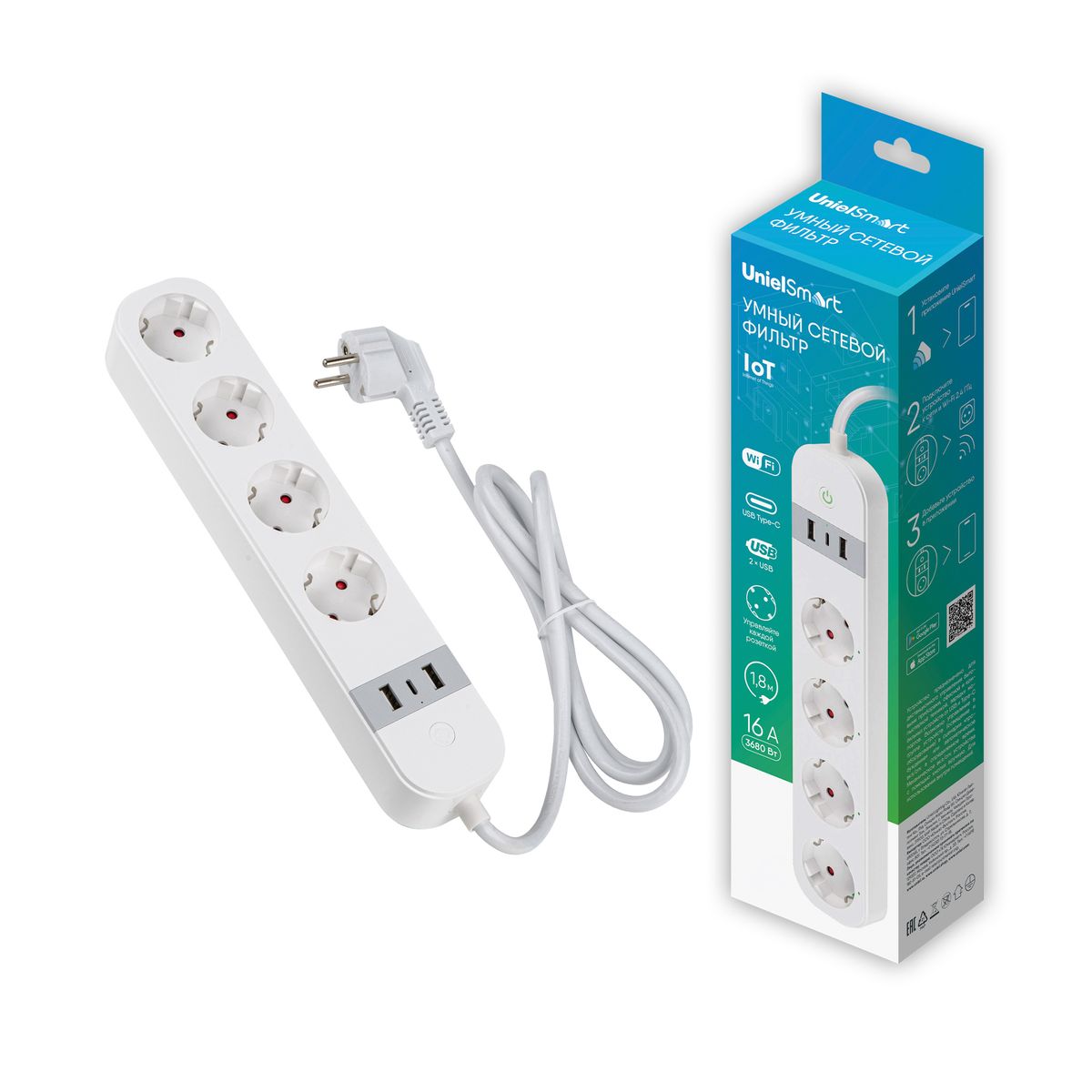 фото умный сетевой фильтр uniel p-gcl4-1,8 a201/uc/wf white | 220svet.ru