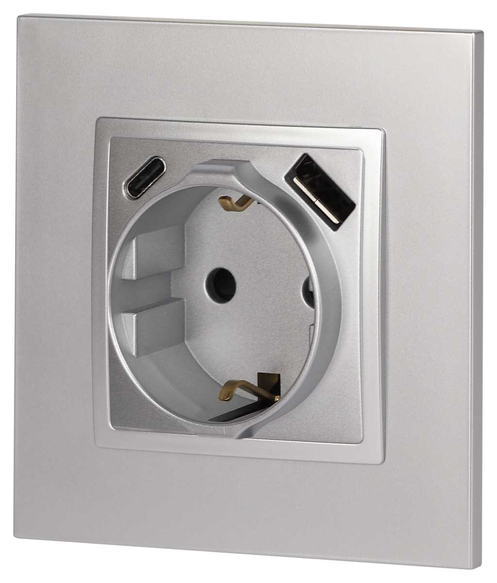 фото розетка эра elegance 14-4108-03 2p+e 16a-250в со шторками с usb type-a+c 5в-3а алюминий б0067741 | 220svet.ru