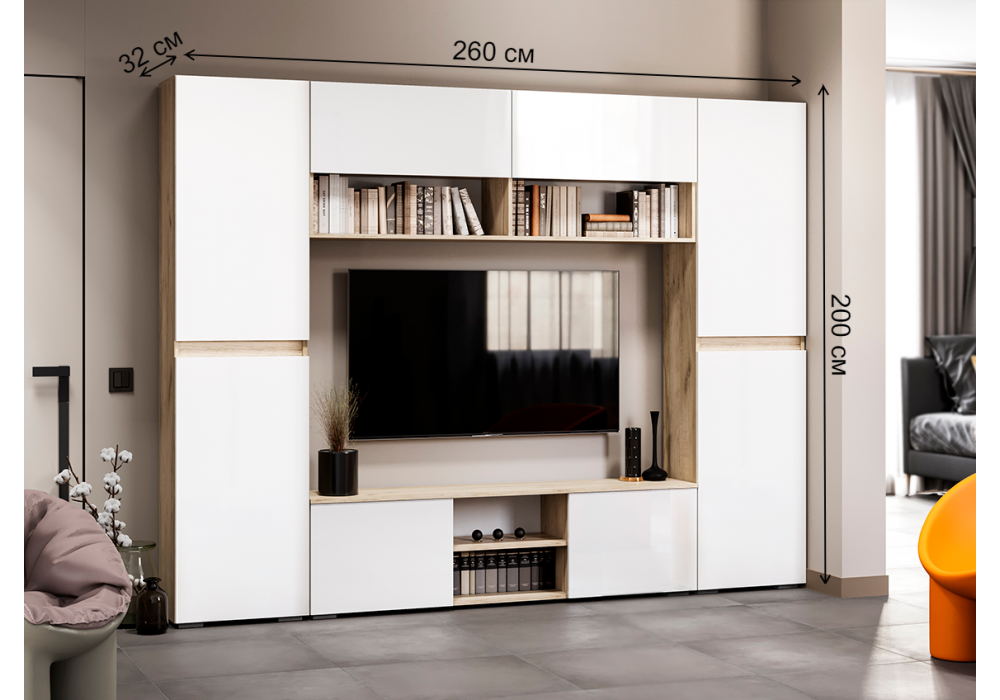 фото гостиная комплектация 3 woodville алетра дуб крафт серый / глянец белый 580879 | 220svet.ru